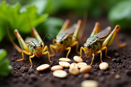 Gros plan de grillons adultes se nourrissant de légumes frais et flocons d'avoine sur terre organique humide
