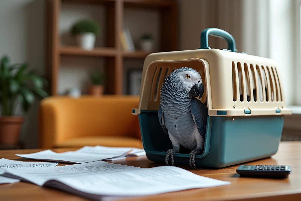 Gris du Gabon bleu dans une cage de transport entouré de documents d'assurance et d'un calculateur, symbolisant les coûts imprévus de possession