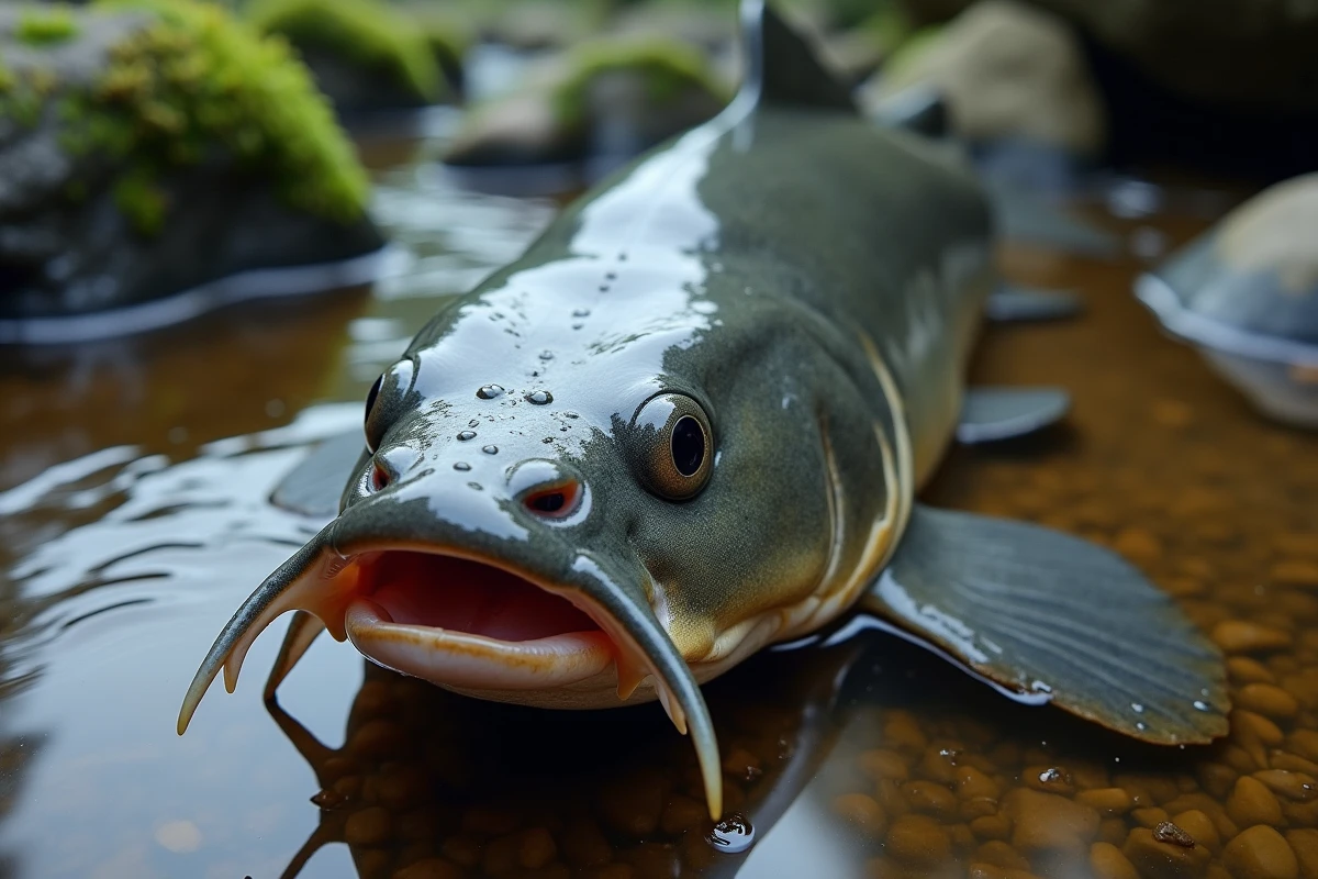 Gros plan de la tête d'un silure géant posé dans les eaux peu profondes d'une rivière, montrant ses barbillons, sa large gueule et la texture de sa peau