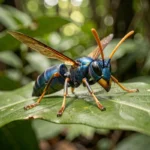 Guêpe au corps bleu métallique posée sur une feuille en forêt tropicale