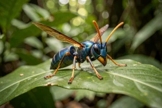 Guêpe au corps bleu métallique posée sur une feuille en forêt tropicale