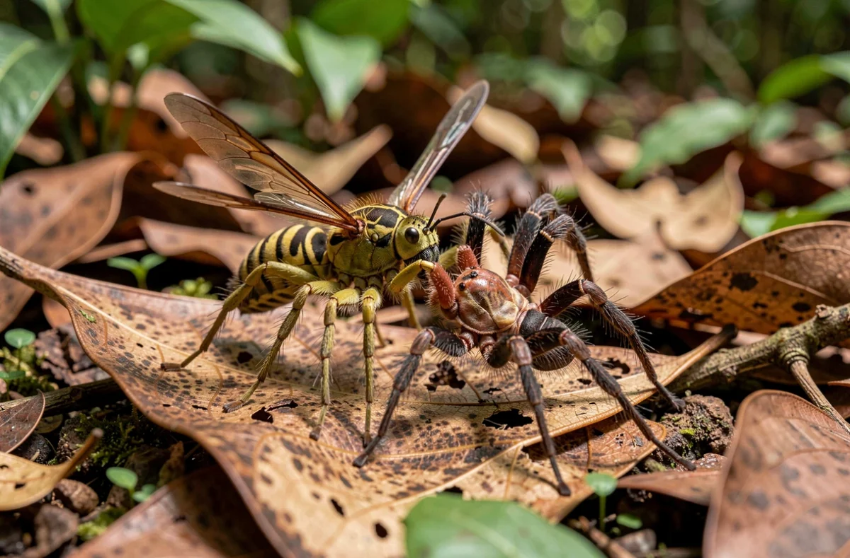 Guêpe pompile traînant une grosse araignée sur le sol d'une forêt tropicale