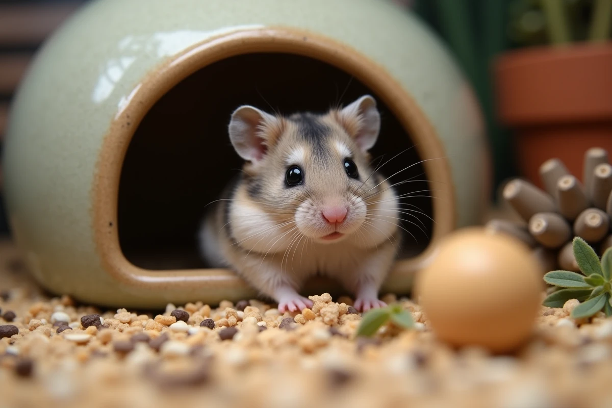 Hamster russe nain sortant d'une cachette en céramique dans une cage avec litière profonde et accessoires naturels