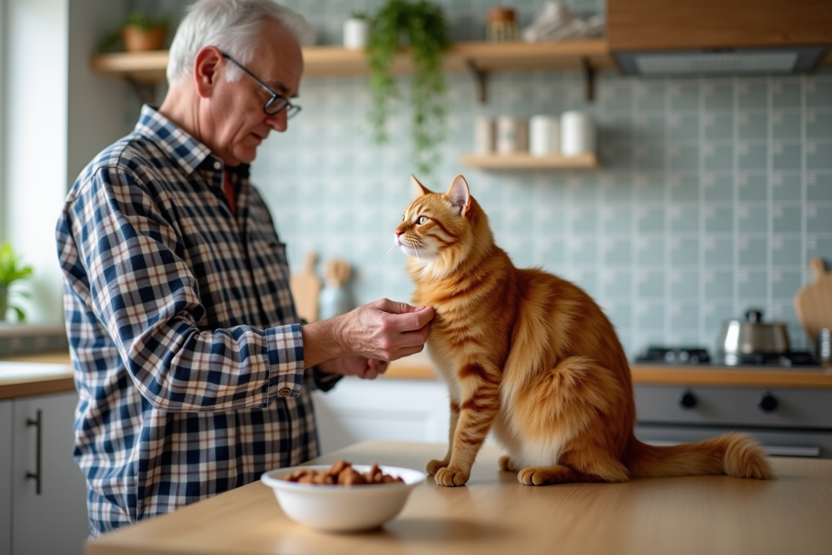 Homme appliquant un traitement antiparasitaire à un chat dans la cuisine