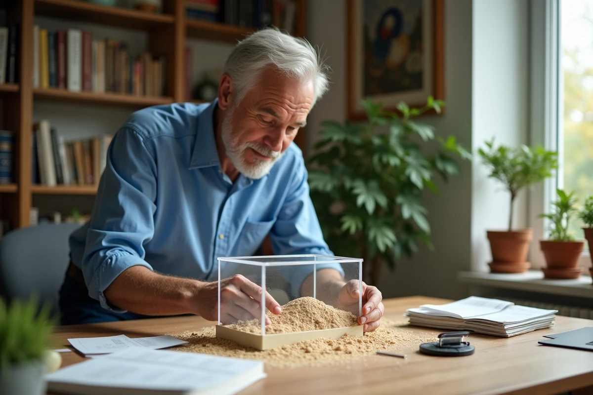 Homme assemble un kit fourmis avec sable dans un bureau