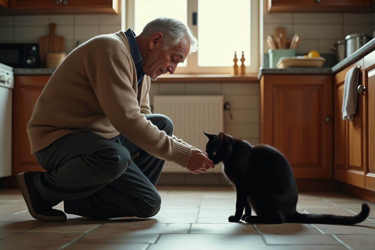 Homme âgé avec son chat noir dans la cuisine
