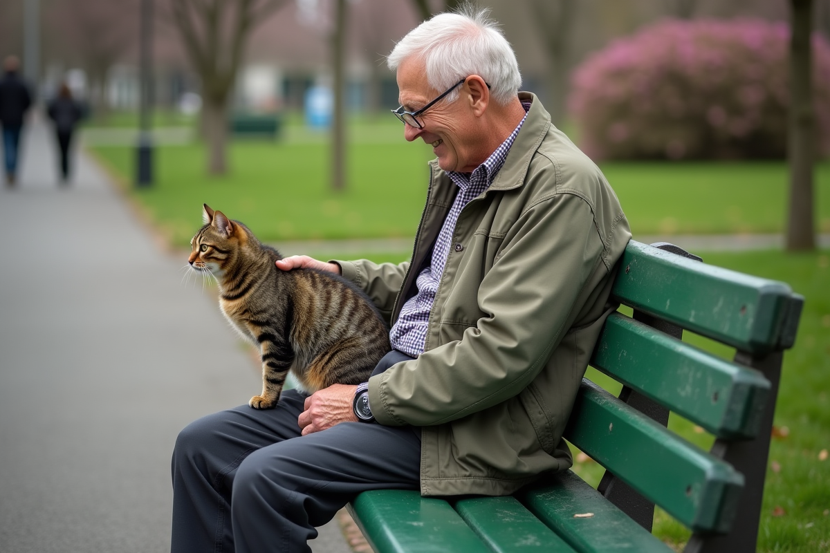 Homme âgé caressant son chat sur un banc dans un parc en plein air