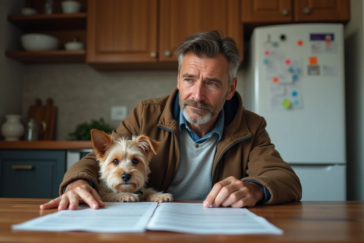 Homme avec chien terrier examine documents à la maison