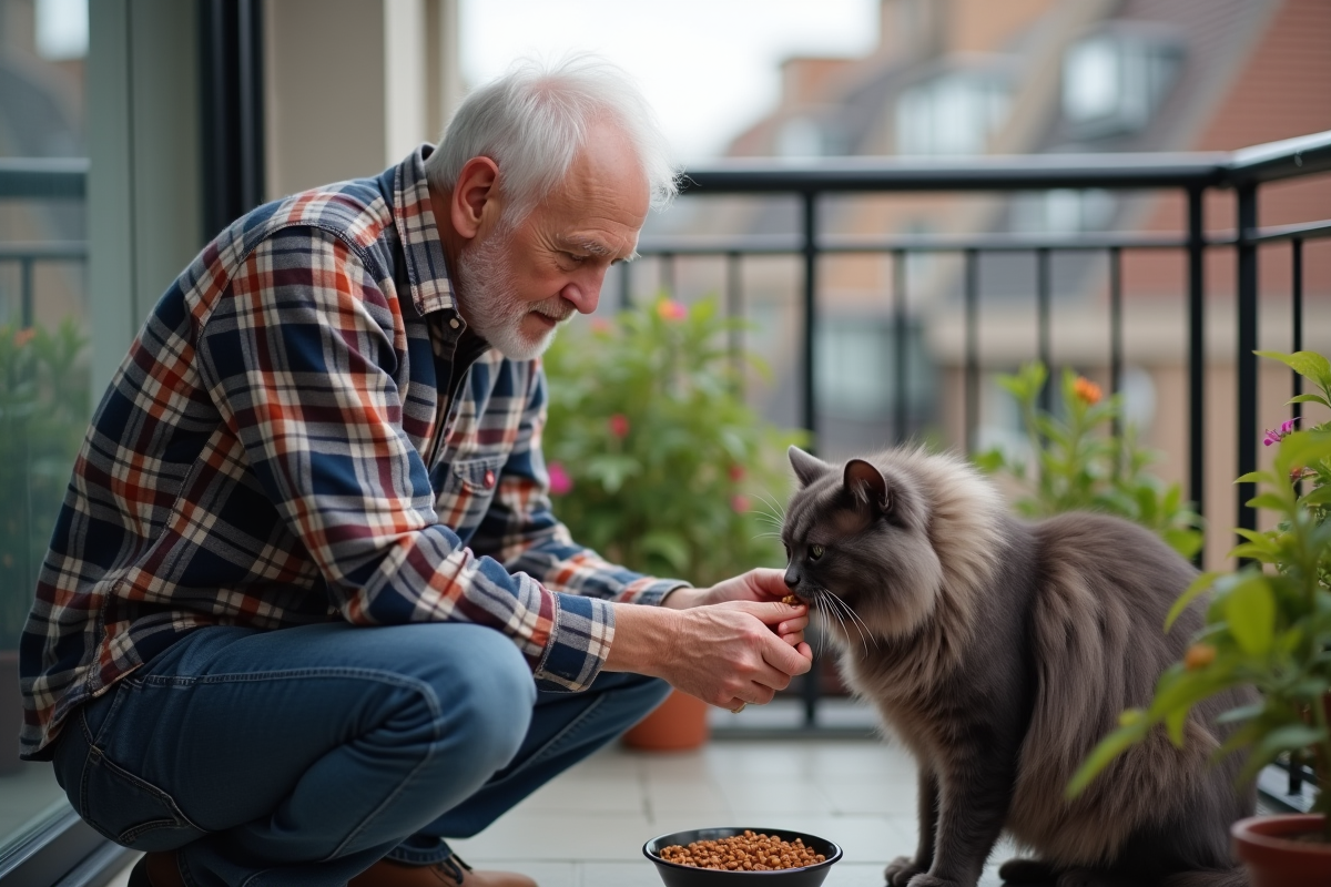 Homme âgé donnant à manger à son chat sur le balcon urbain