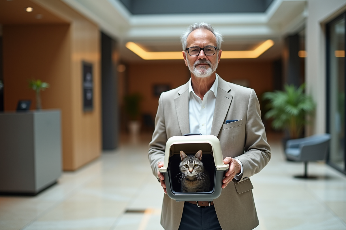 Homme avec chat dans une banque moderne et élégante