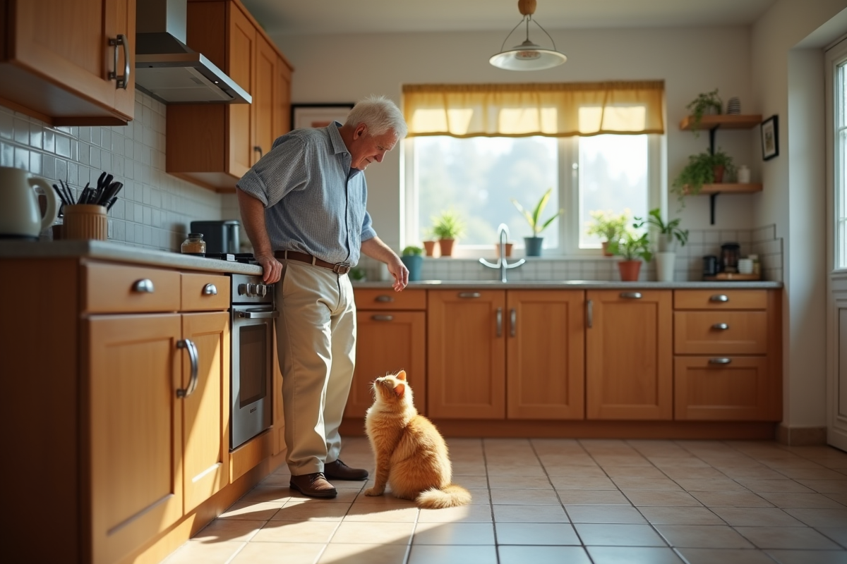 Homme âgé examine griffures sur meuble avec chat dans la cuisine
