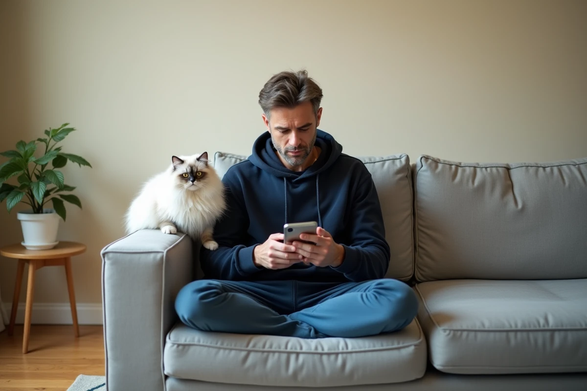 Homme vérifiant des informations sur son smartphone avec son chat persan blanc assis à côté de lui sur le canapé, illustrant la vigilance numérique des propriétaires d'animaux