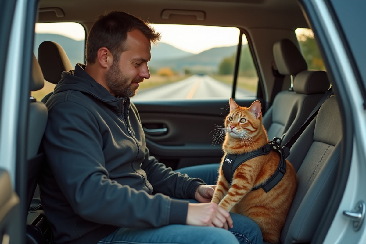 Homme ajustant harnais sur chat dans la voiture en pause