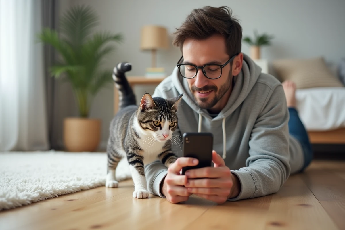 Homme allongé sur le sol avec un chat gris marchant sur sa poitrine pendant qu'il consulte un site de mèmes félins sur son smartphone