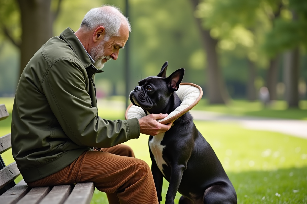 Homme ajustant un collier pour chien dans un parc en plein air