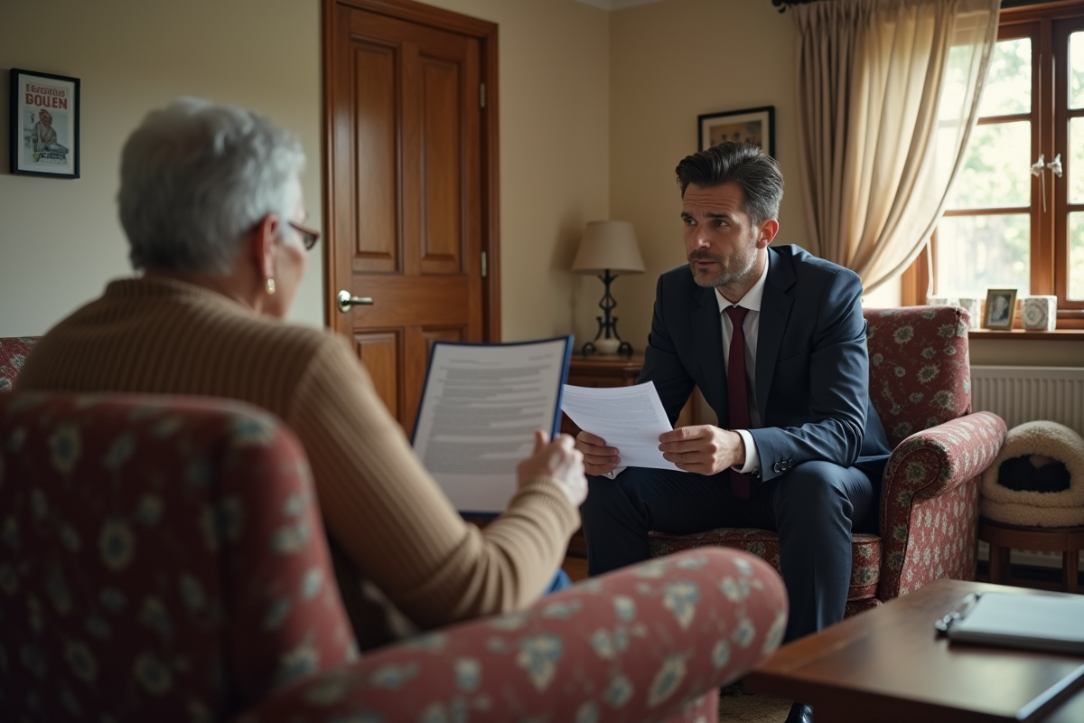 Homme et femme discutant documents avec chien dans salon
