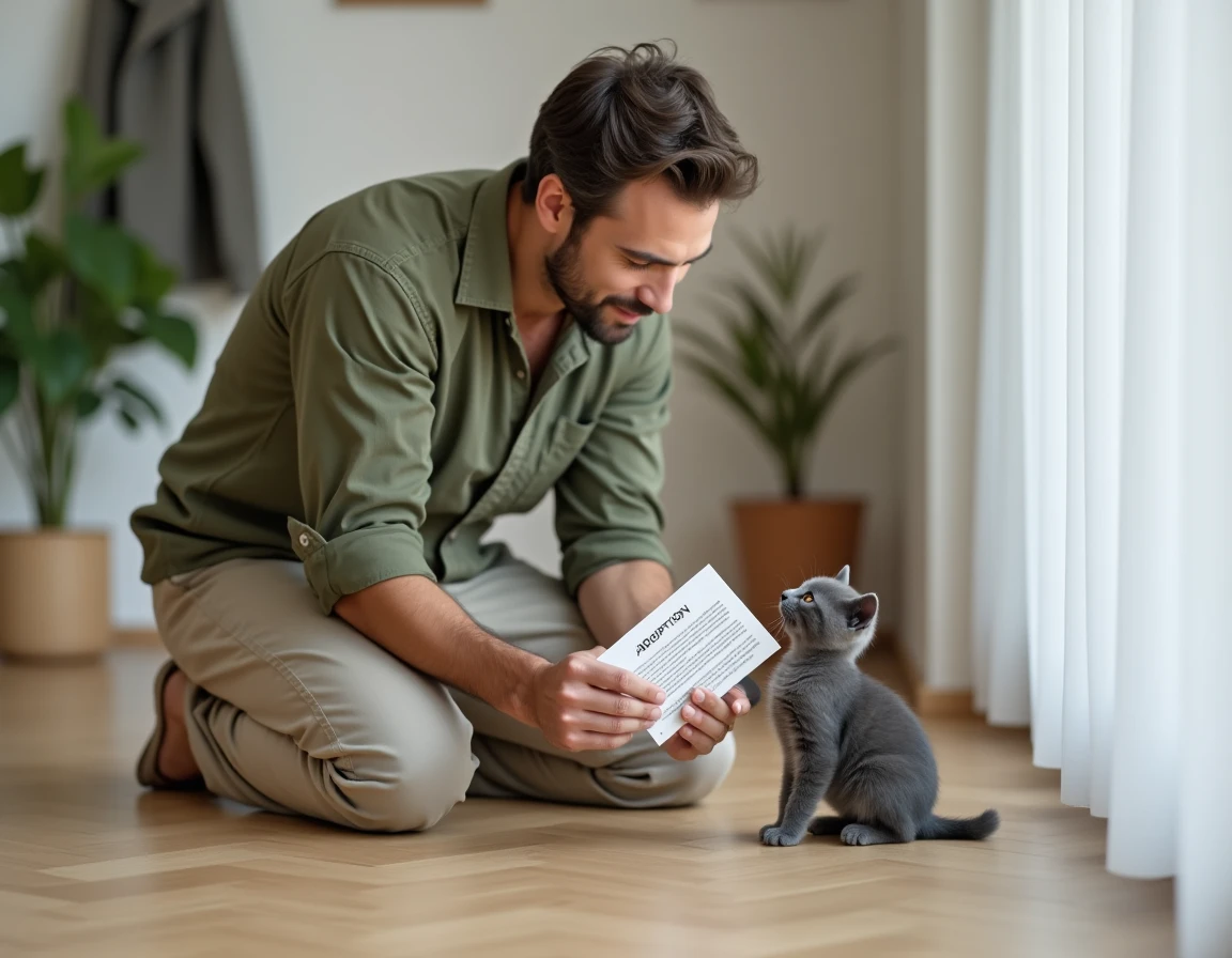 Homme consultant un document d'adoption tout en interagissant avec un chaton gris dans un appartement, symbolisant les démarches pour adopter un chaton