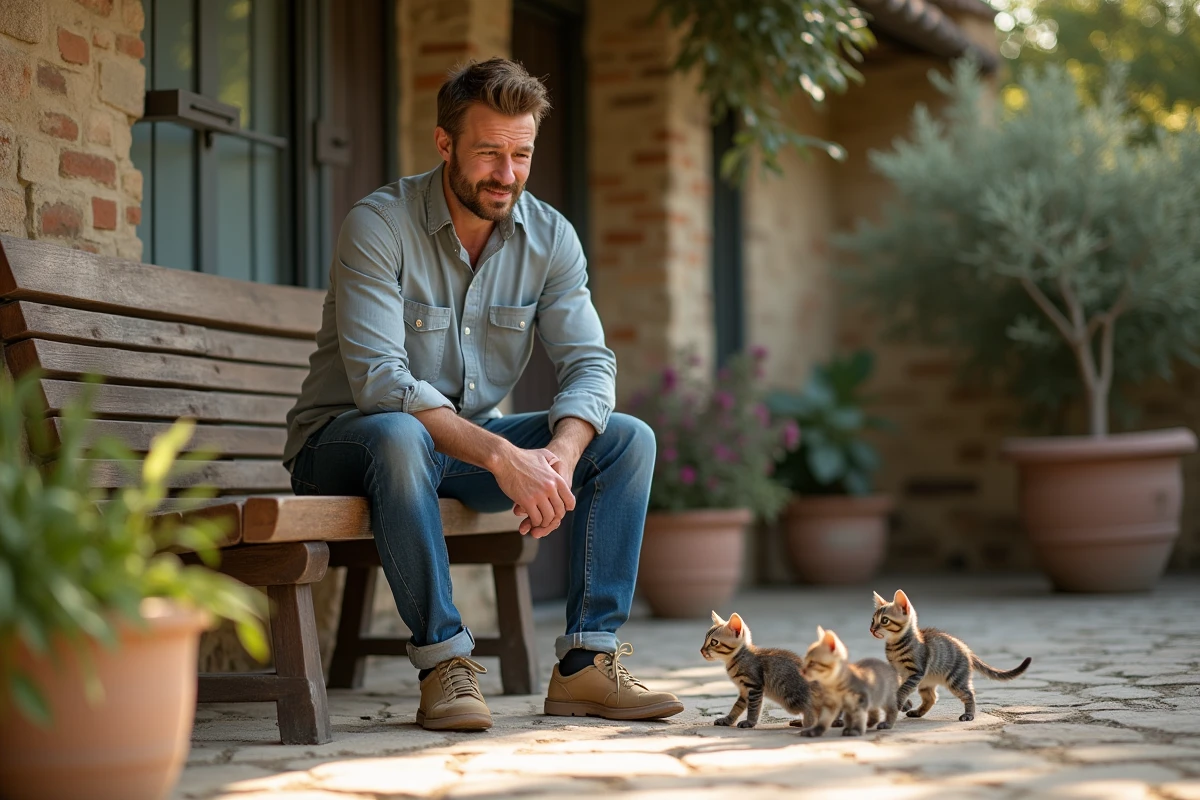 Homme responsable avec chatons dans un jardin en Provence