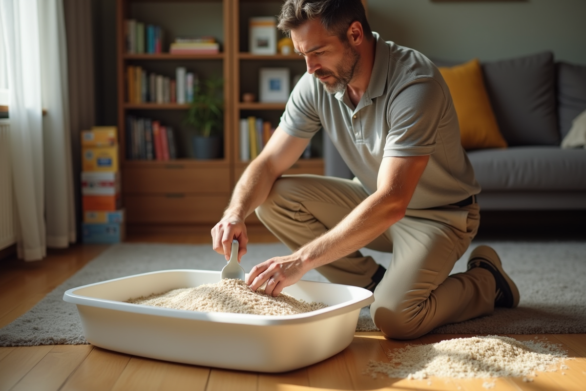 Homme nivelant la litière dans une grande caisse à chat