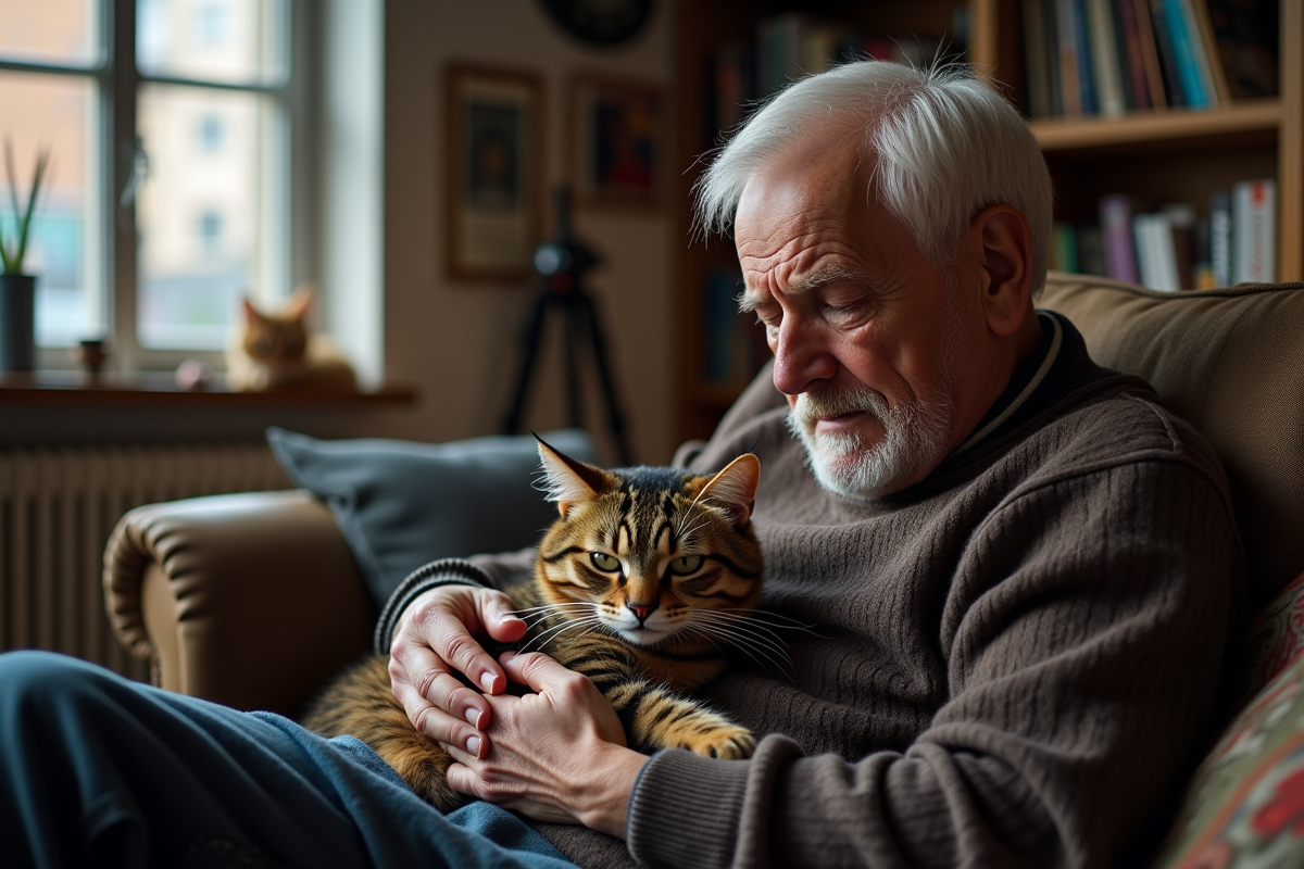 Homme âgé tenant un chat léthargique sur le canapé