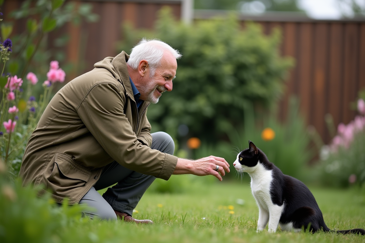 Homme âgé appelle son chat dans un jardin paisible