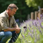 Homme au jardin observant une abeille sur une lavande