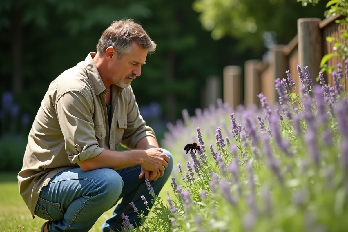 Homme au jardin observant une abeille sur une lavande