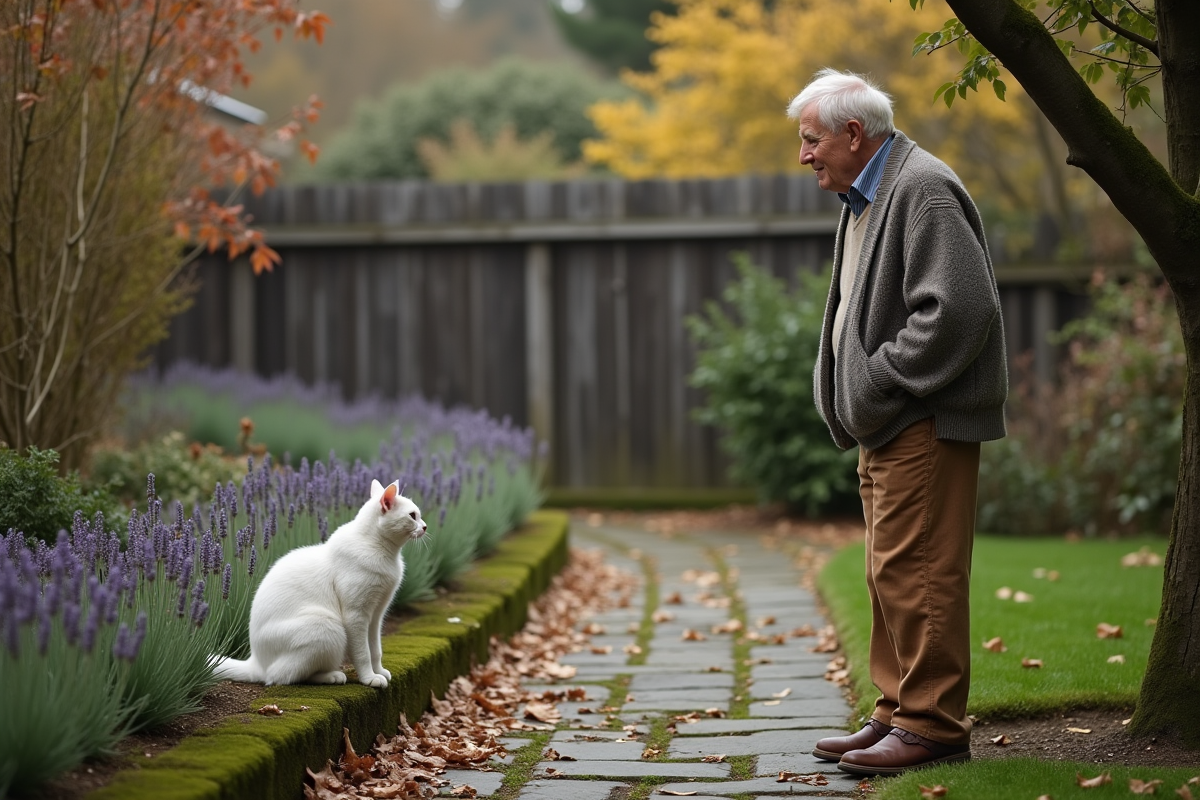 Homme âgé appelle son chat blanc dans le jardin paisible