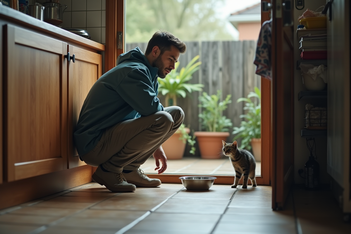 Jeune homme dans la cuisine regardant un chat buvant