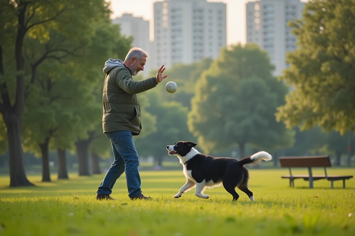Homme avec un chien noir et blanc dans un parc en plein air
