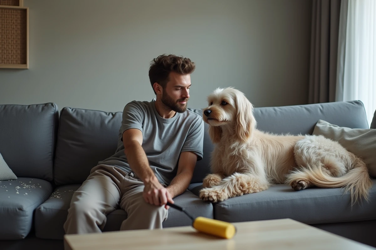 Jeune homme utilisant un rouleau anti-peluches sur le canapé