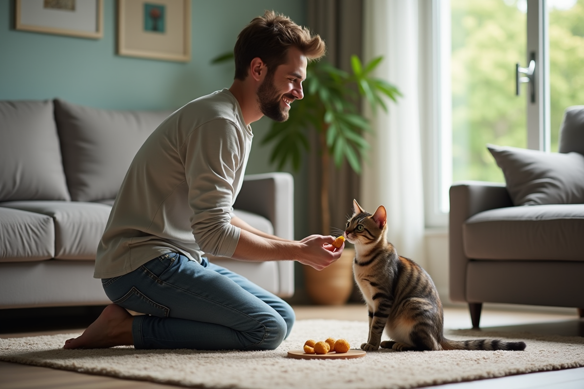 Jeune homme offre croquettes à son chat dans le salon