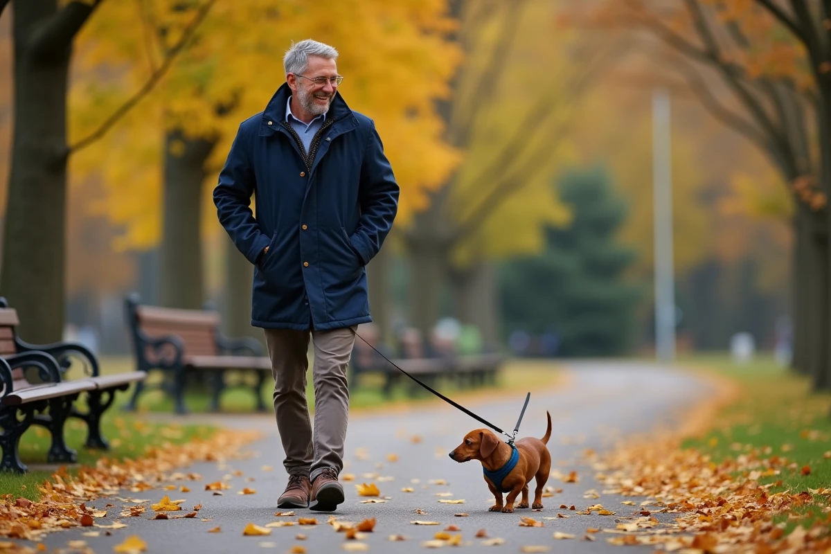 Homme marchant avec son chien dachshund dans un parc en automne