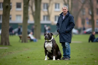 Homme français avec chien American Bully XXL dans un parc urbain