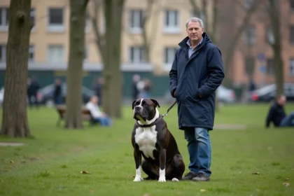 Homme français avec chien American Bully XXL dans un parc urbain
