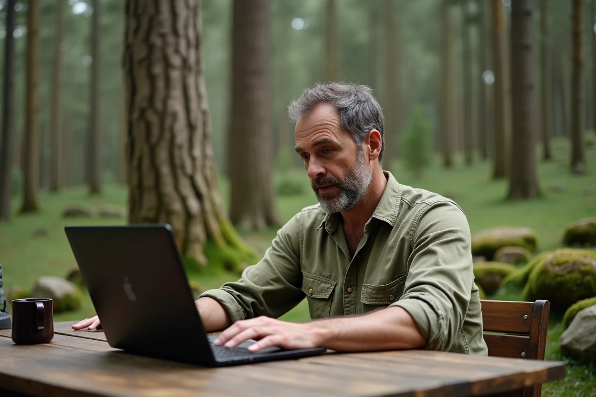 Homme lisant ses résultats de quiz animal totem sur un ordinateur portable installé en pleine forêt