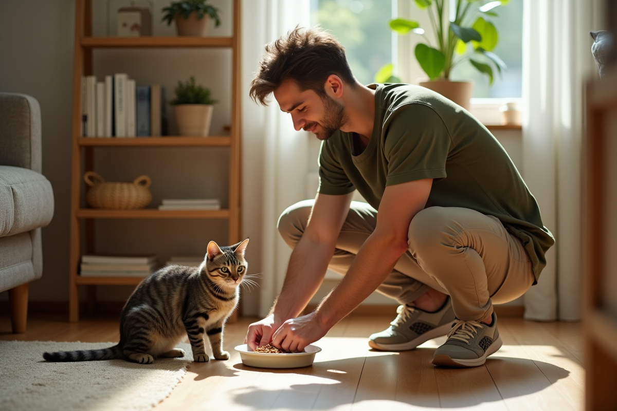 Jeune homme remplissant la gamelle de chat dans le salon lumineux