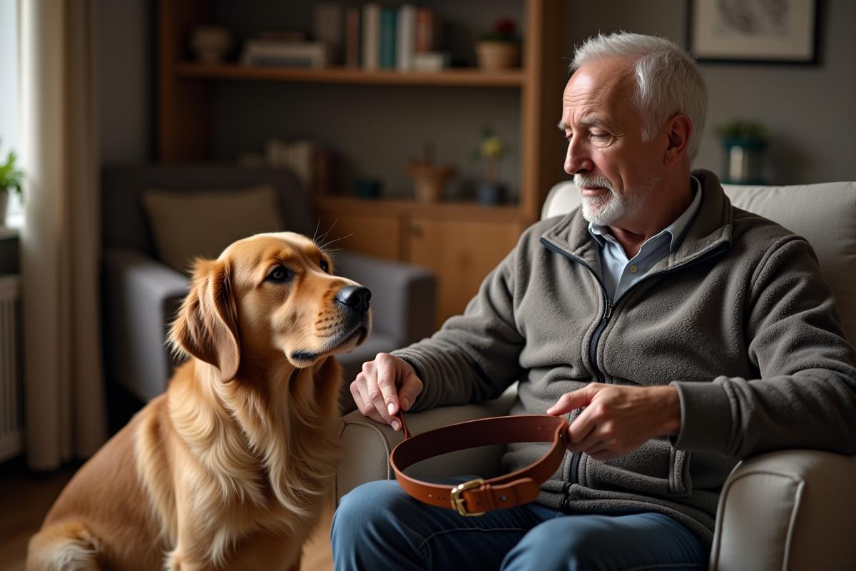 Homme âgé examinant un collier en cuir avec son retriever à la maison