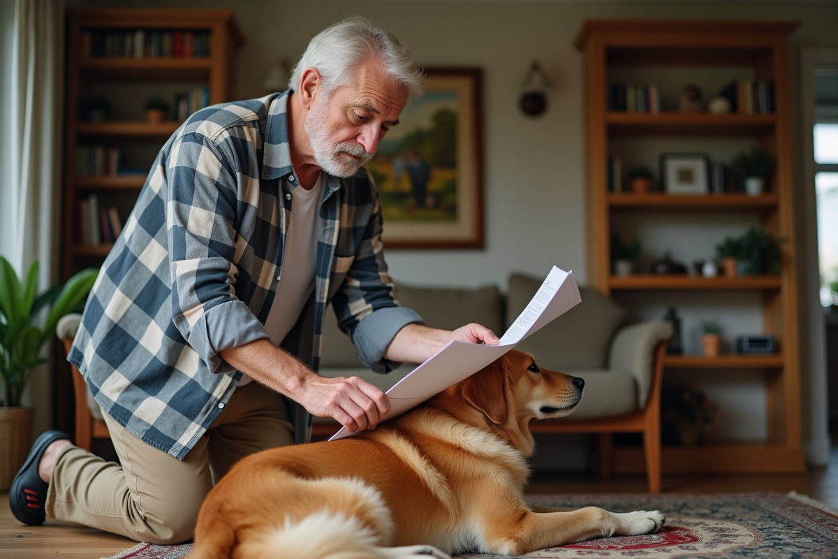 Homme âgé caressant son chien avec papiers d