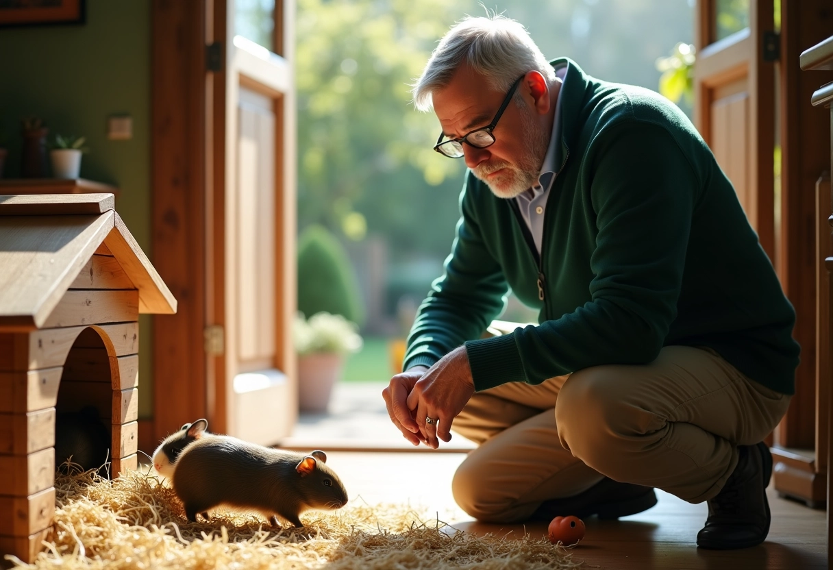 Homme âgé observant des cobayes dans un enclos au jardin