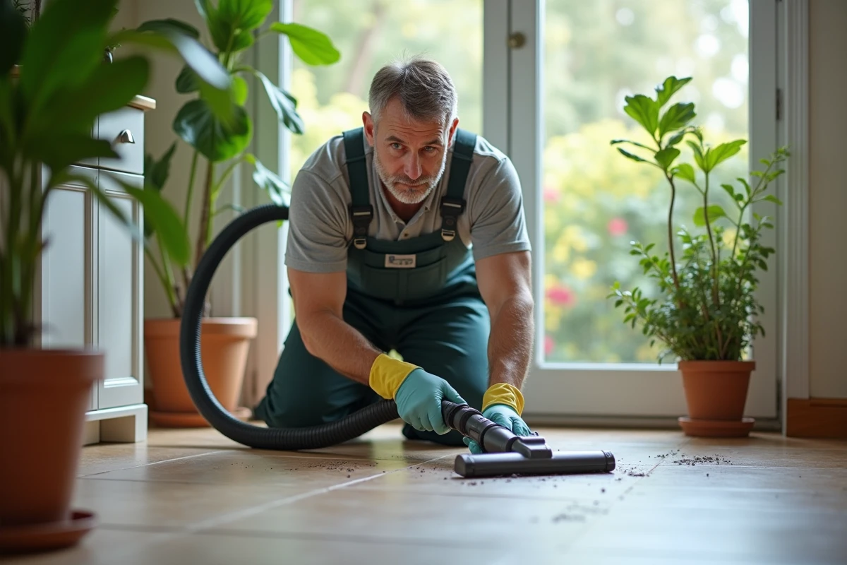 Homme en tenue de travail nettoyant des tuiles avec un aspirateur