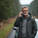 Homme en extérieur parle au téléphone près d'une voiture et d'un cerf