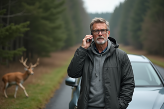 Homme en extérieur parle au téléphone près d'une voiture et d'un cerf
