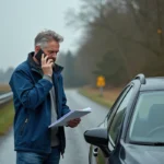 Homme d'âge moyen avec téléphone à l'oreille près de sa voiture