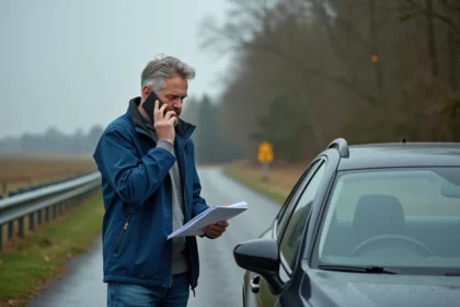 Homme d'âge moyen avec téléphone à l'oreille près de sa voiture