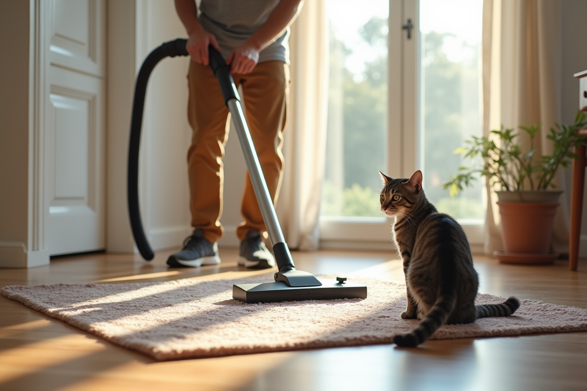 Jeune homme aspirant un tapis dans le couloir
