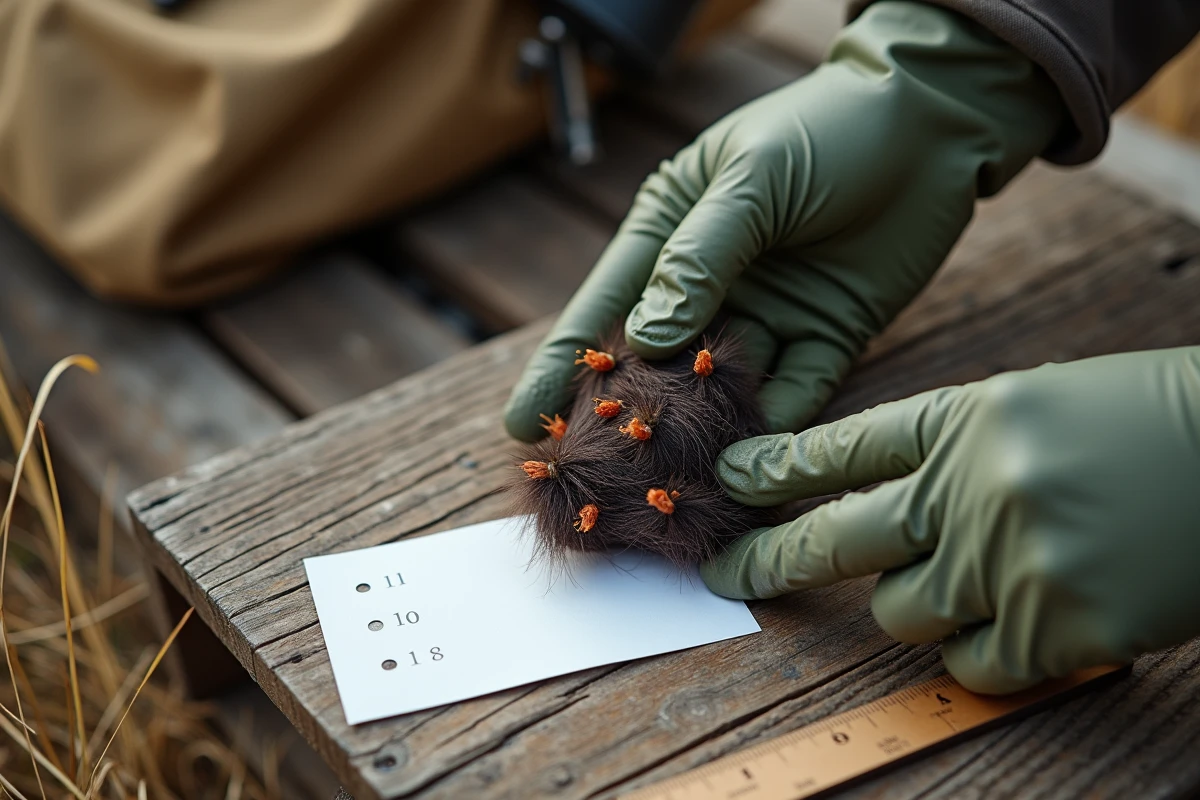 Main gantée tenant une crotte de renard avec une pince à épiler lors d'une identification naturaliste sur le terrain avec règle de mesure