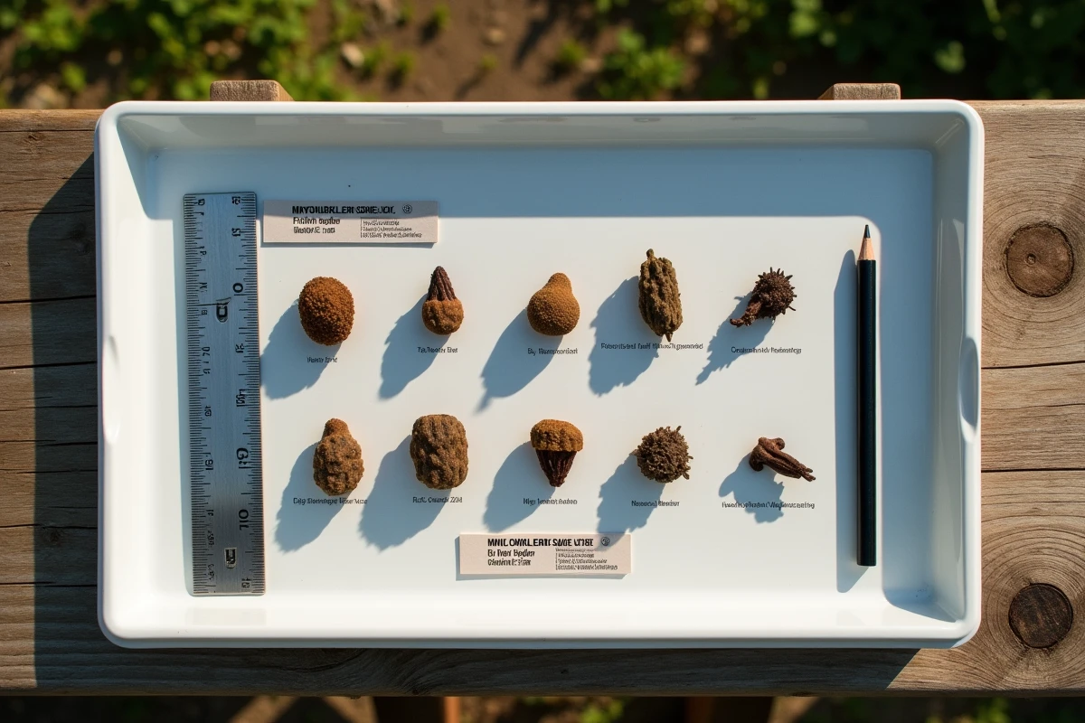 Plateau d'identification scientifique présentant des crottes de blaireau avec règle graduée et fiche d'identification de la faune sauvage