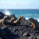 Groupe d'iguanes marins sur rochers volcaniques aux Galapagos