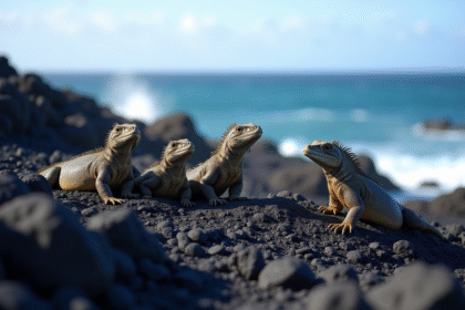 Groupe d'iguanes marins sur rochers volcaniques aux Galapagos